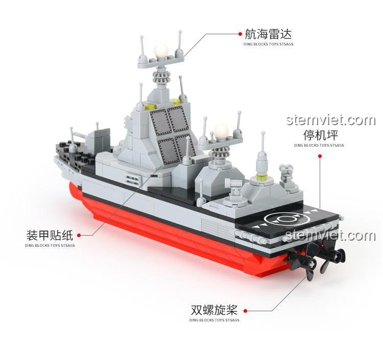 Chi tiết các bộ phận của bộ xếp hình Tàu chiến 052D POGO 40014, bao gồm radar, sân đỗ, cánh quạt.