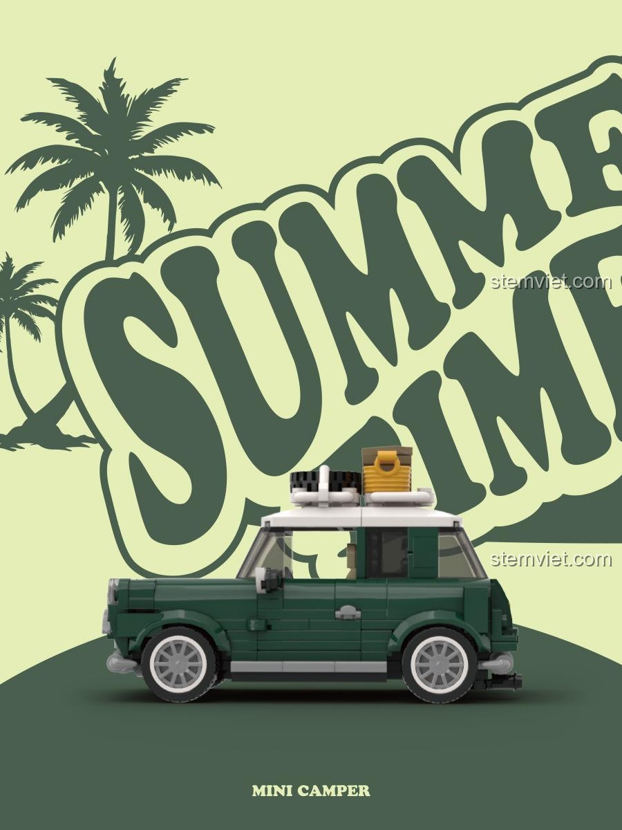 Bộ xếp hình Xe cắm trại phong cách MINI Power Block PB8804, góc nhìn bên hông xe, màu xanh lá chủ đạo, thiết kế cổ điển, phù hợp bé trai 8 tuổi.
