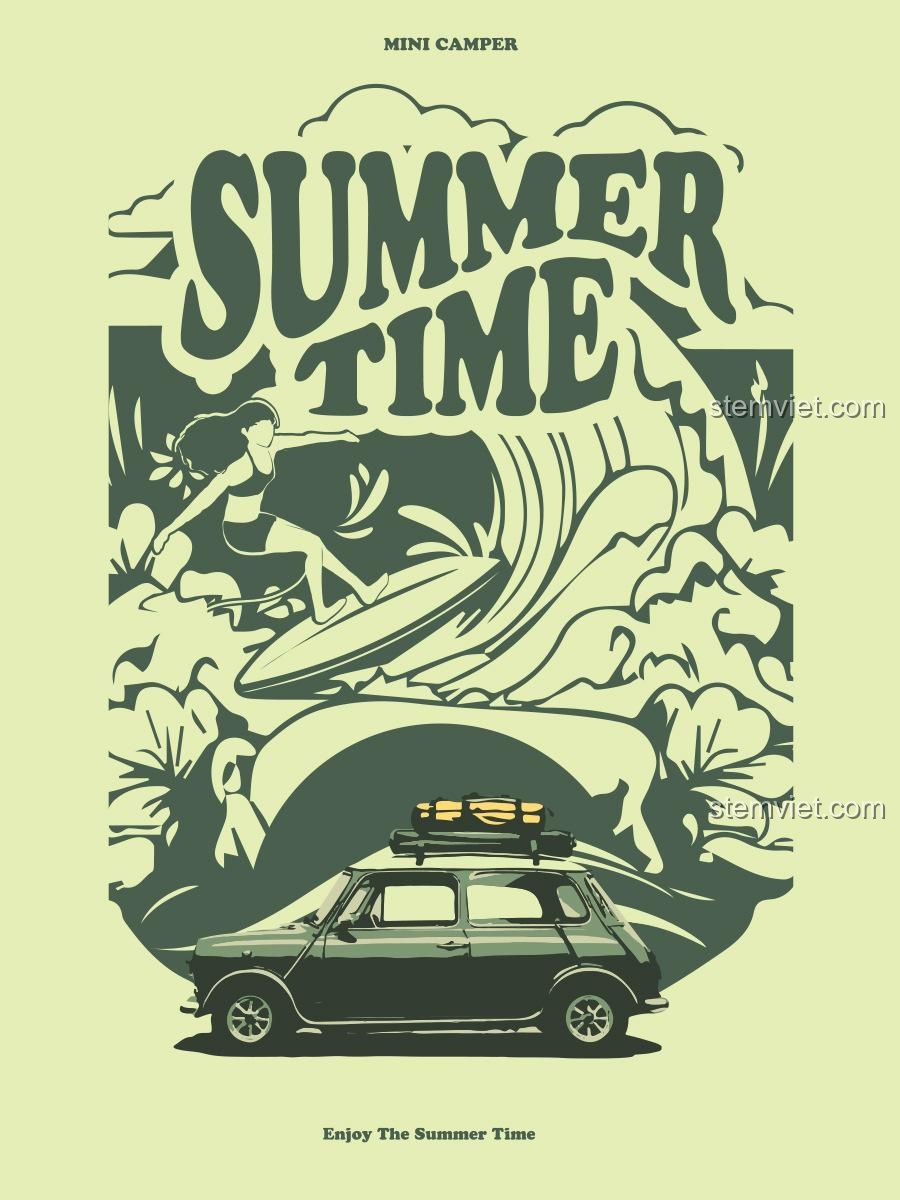 Bộ đồ chơi Xe MINI Camper Power Block PB8804, hình ảnh quảng cáo chủ đề "Summer Time" với xe MINI Camper và hình ảnh người lướt sóng, gợi cảm giác phiêu lưu, cho bé trai 8 tuổi.