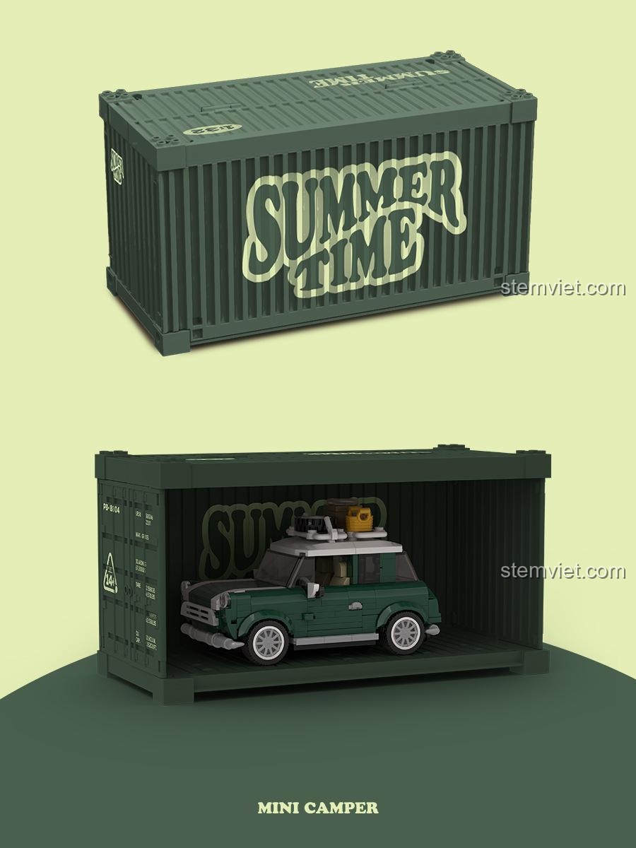 Bộ lắp ghép 8804 Xe MINI Camper Thời Gian Hè, mô hình xe được đặt gọn gàng trong hộp trưng bày container đi kèm, thiết kế tỉ mỉ, cho bé trai.