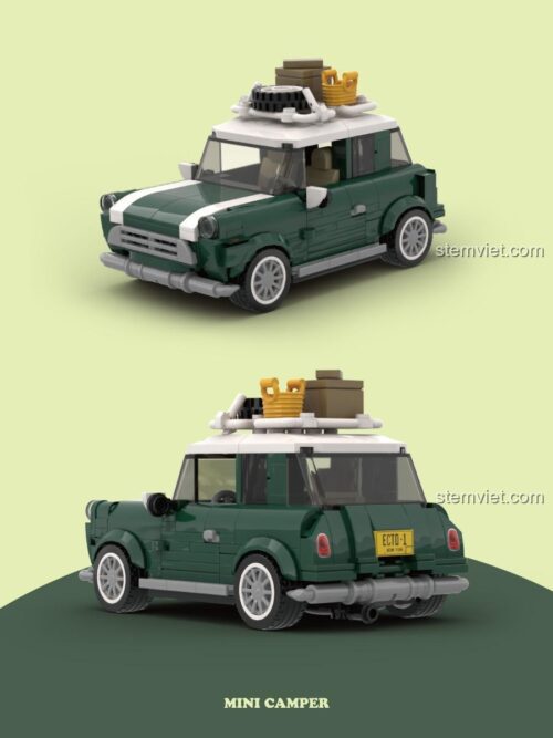 Đồ chơi mô hình Xe du lịch MINI PB8804 từ Power Block, thể hiện chi tiết mặt trước và sau của xe MINI Camper, màu xanh lá, trắng, xám, cho bé trai 8 tuổi.