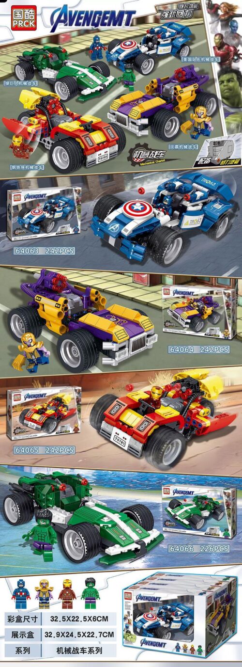bộ lắp ráp Xe đua siêu anh hùng PRCK 64063 cho bé trai 6 tuổi. Bộ đồ chơi gồm 4 xe của Captain America, Iron Man, Hulk, và Thanos.