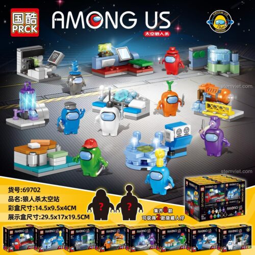 Hộp bộ lắp ghép PRCK 69702 Among Us Ma sói không gian, hiển thị đầy đủ 8 kiểu nhân vật và cảnh quan, là món quà giá tốt cho bé trai 6 tuổi.