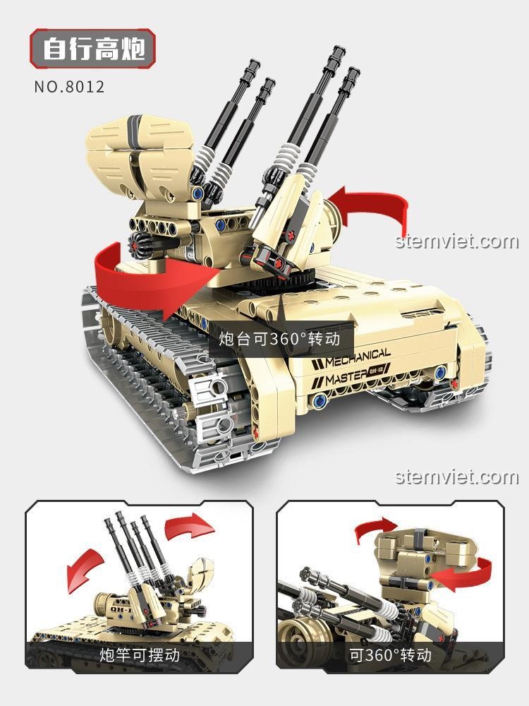 Mô hình Pháo Tự Hành QIHUI 8012 với tháp pháo xoay 360 độ và nòng pháo nâng hạ linh hoạt.