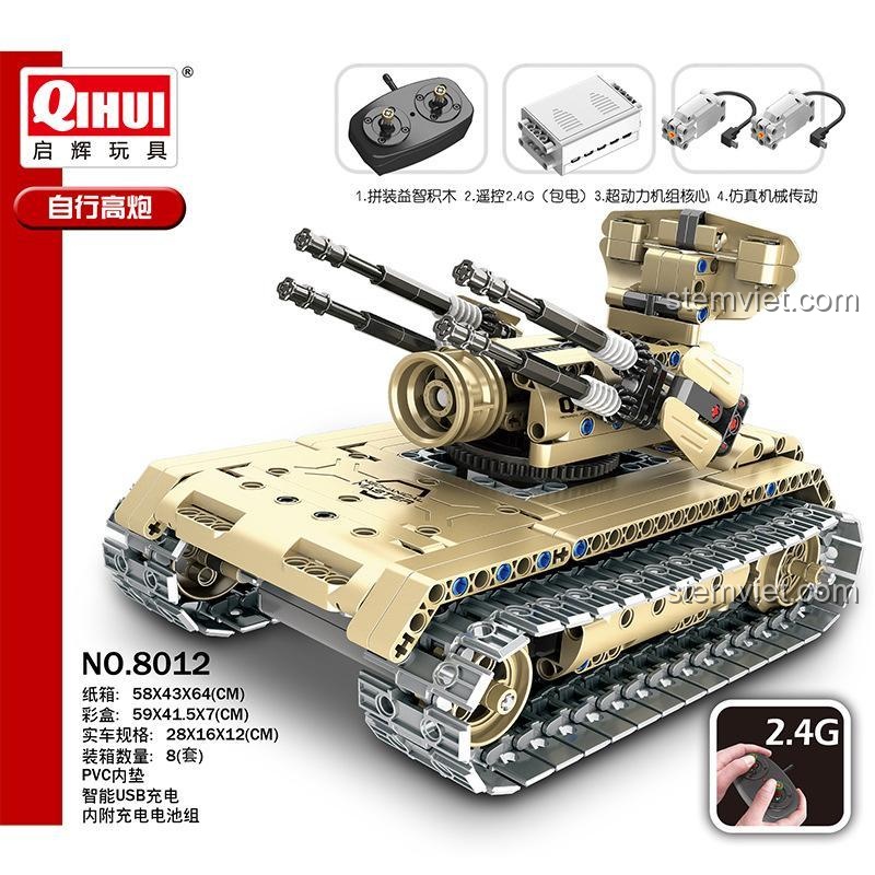 Chi tiết tính năng của bộ xếp hình Xe tăng pháo tự hành 8012, bao gồm bộ điều khiển 2.4G và động cơ.