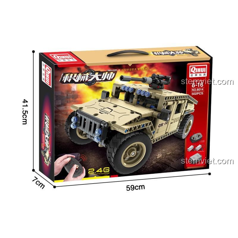 Hộp sản phẩm bộ lắp ráp Xe Hummer vũ trang Qihui 8014, hiển thị rõ mô hình, bộ điều khiển từ xa 2.4G và thông tin 502 chi tiết.