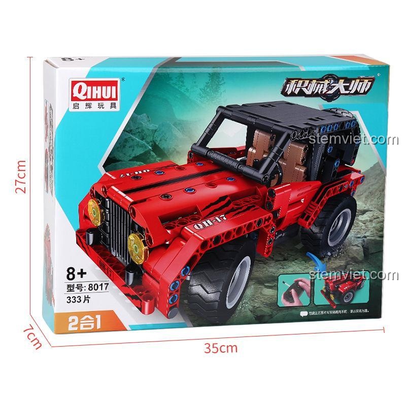 Kích thước hộp của bộ lắp ghép Xe Jeep RC 8017, dài 35cm, cao 27cm, rộng 7cm.
