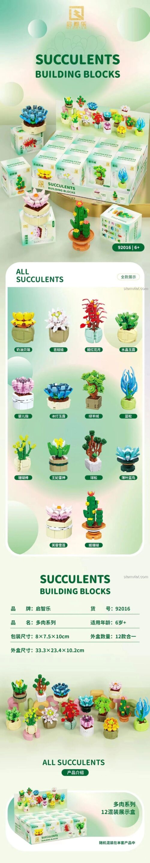 Chi tiết 12 mẫu trong bộ đồ chơi mô hình Cây xương rồng mini QIZHILE 92016, quà tặng sáng tạo cho con gái.