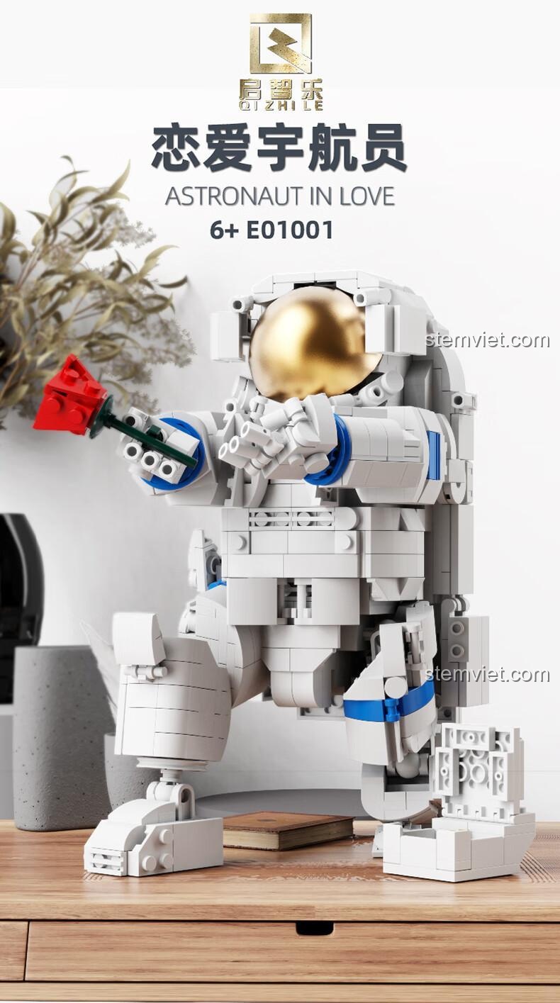 Mô hình Phi hành gia Tình yêu Qizhile 01001, bộ lắp ghép 787 mảnh, có thể cầm hoa hồng, biểu tượng tình yêu vượt không gian, quà tặng ý nghĩa cho bé trai, bé gái.