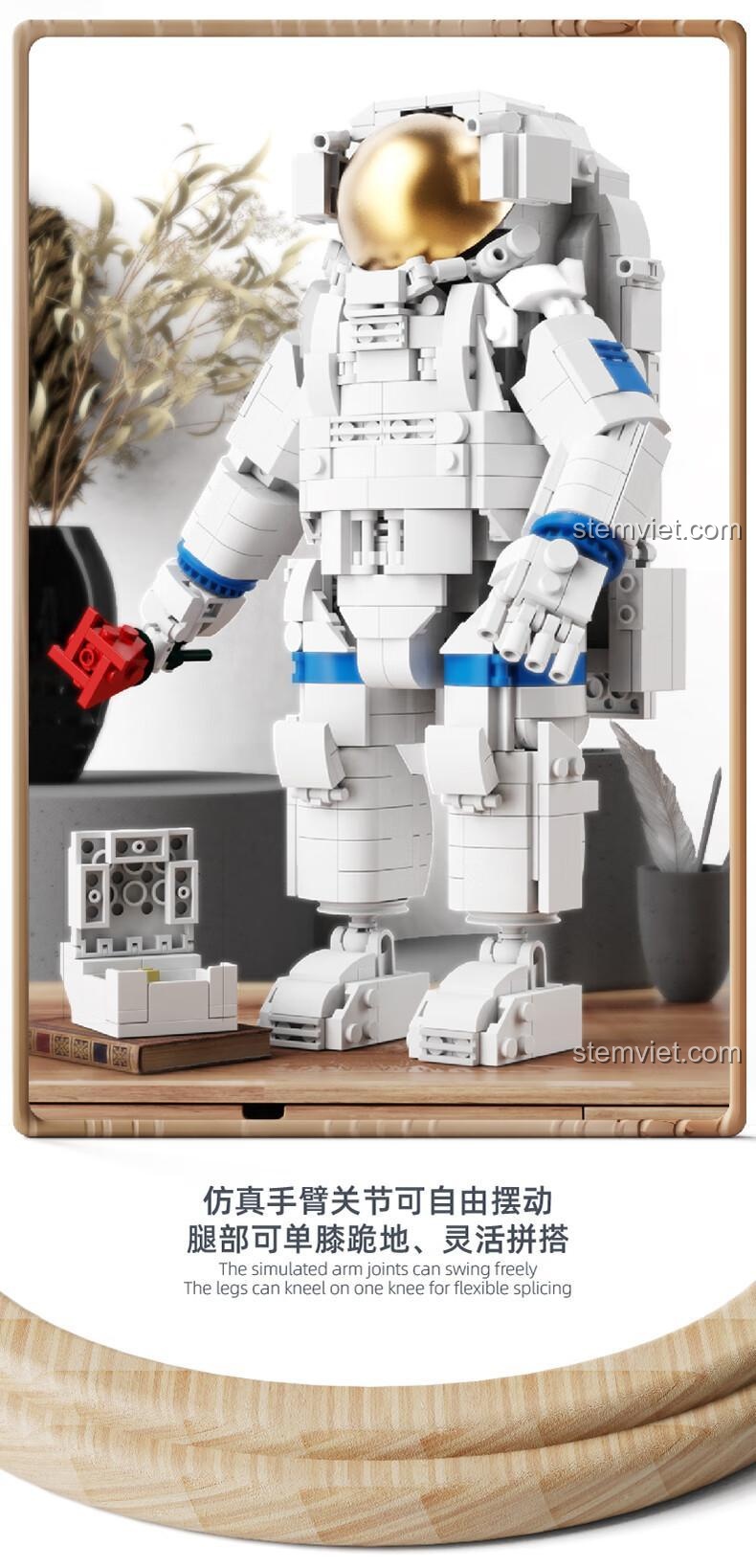 Bộ khối lắp ghép 1001 Mô hình Phi hành gia Tình yêu, khớp tay và chân linh hoạt, có thể quỳ gối, mang lại trải nghiệm lắp ráp và chơi sống động cho bé 6 tuổi.