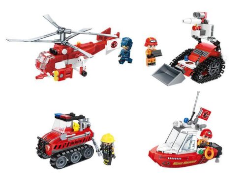 Tổng hợp 4 mô hình trong bộ đồ chơi xếp hình QMAN 12026 Biệt Đội Cứu Hỏa Tí Hon, món quà giá rẻ cho bé trai 6 tuổi.