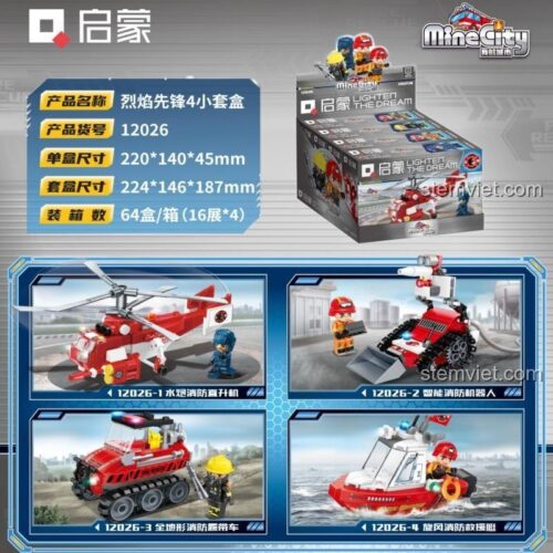 Thông tin chi tiết trên hộp bộ đồ chơi QMAN 12026 Đội Cứu Hỏa Mini, bao gồm mã sản phẩm và kích thước.