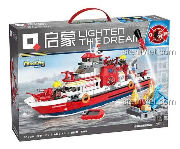 Hộp sản phẩm bộ xếp hình QMAN 12028 Tàu Chữa Cháy trên biển, quà tặng hấp dẫn cho bé trai.