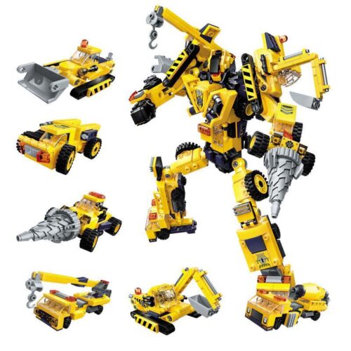 Bộ đồ chơi Robot Công Trình QMAN 1417, mô hình robot và xe công trình màu vàng đen, phù hợp bé trai 6 tuổi, đồ chơi lắp ráp sáng tạo.