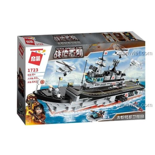 Đồ chơi lắp ráp Tàu sân bay quân sự Qman 1723 642 mảnh, mô hình chiến hạm hộ tống có 3 minifigure cho bé trai 6 tuổi