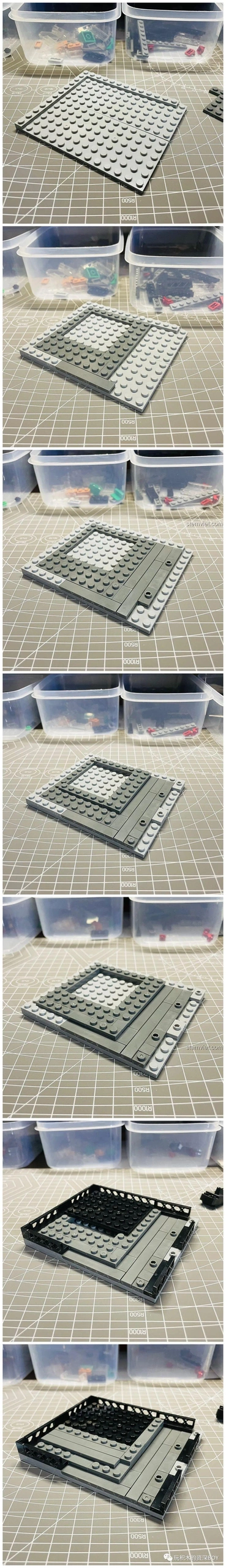 Quá trình lắp ráp phần đế của mô hình hiệu sách Winwill Books SEMBO 601151, từng bước chi tiết.