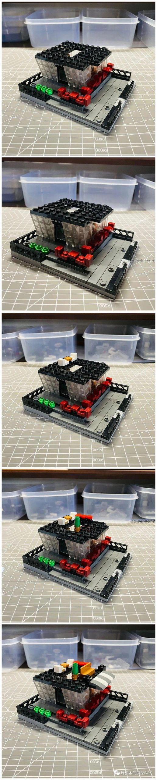 Các bước lắp ráp tầng hai của mô hình hiệu sách Winwill Books SEMBO 601151, với nhiều mảnh ghép trong suốt.