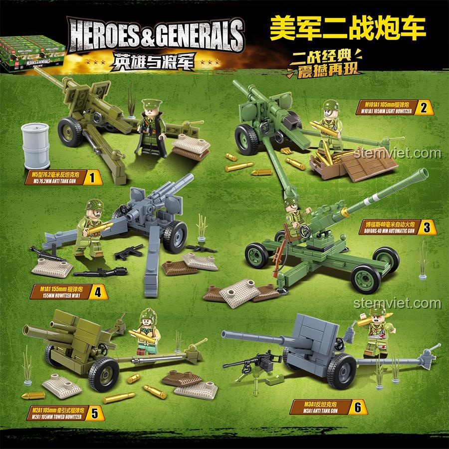 Poster giới thiệu chi tiết 6 mẫu pháo trong bộ đồ chơi quân sự 100079, bao gồm pháo chống tăng M5, lựu pháo M101A1, và pháo tự động Bofors.