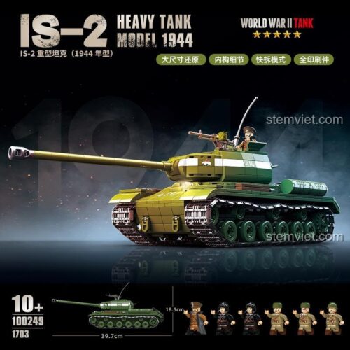 Hộp sản phẩm bộ lắp ráp xe tăng IS-2 mẫu 1944 mã 100249 của Quan Guan, với 1703 chi tiết và kích thước mô hình 39.7cm.