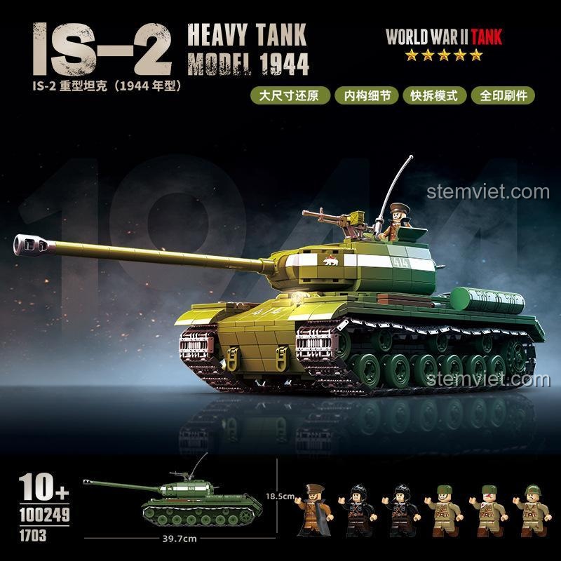 Hộp sản phẩm bộ lắp ráp xe tăng IS-2 mẫu 1944 mã 100249 của Quan Guan, với 1703 chi tiết và kích thước mô hình 39.7cm.