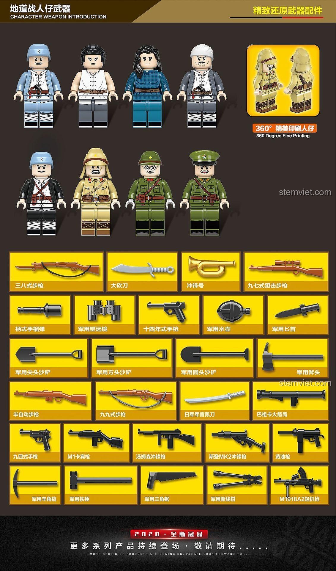 Minifigure và vũ khí bộ đồ chơi Địa Đạo Chiến QUANGUAN 100110, chi tiết tinh xảo, chất lượng cao