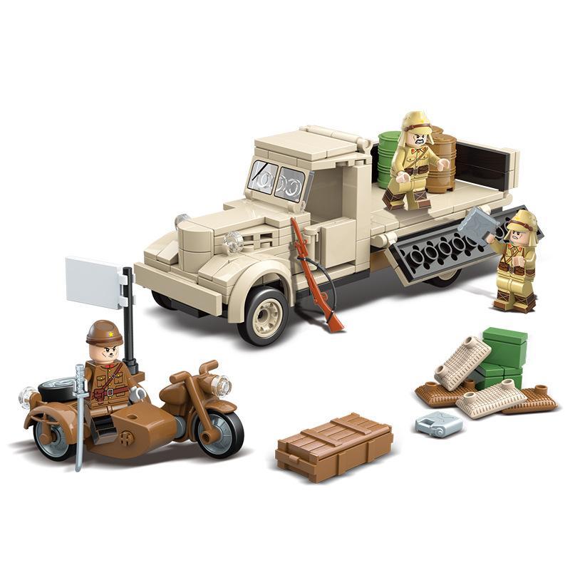 Bộ lắp ghép Xe Tải Nissan 180 QUANGUAN 100121 giá tốt cho bé trai 6 tuổi, đồ chơi mô hình quân sự với 3 minifigures và phụ kiện đa dạng.