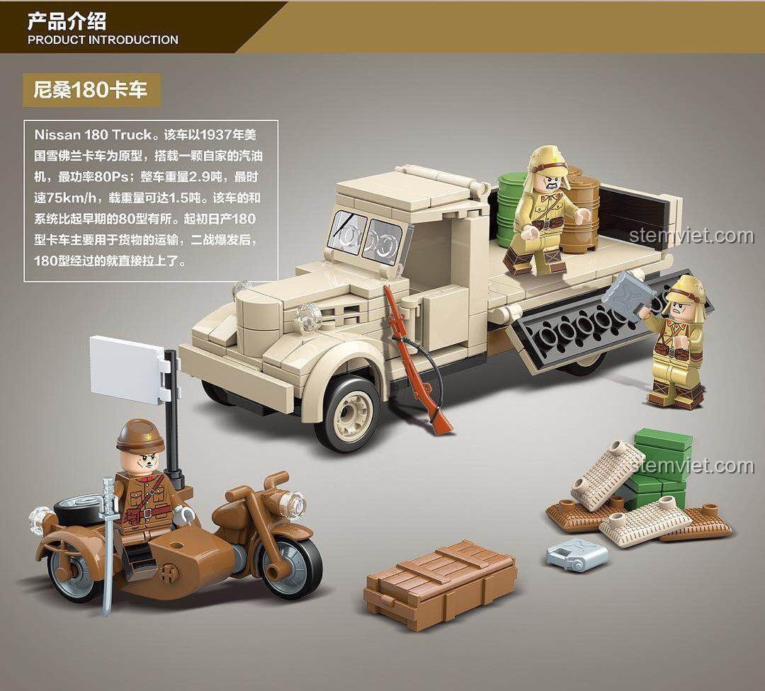 Giới thiệu chi tiết bộ lắp ghép Xe Tải Nissan 180 QUANGUAN 100121, mô hình quân sự tái hiện lịch sử, đồ chơi giáo dục cho trẻ 6 tuổi.