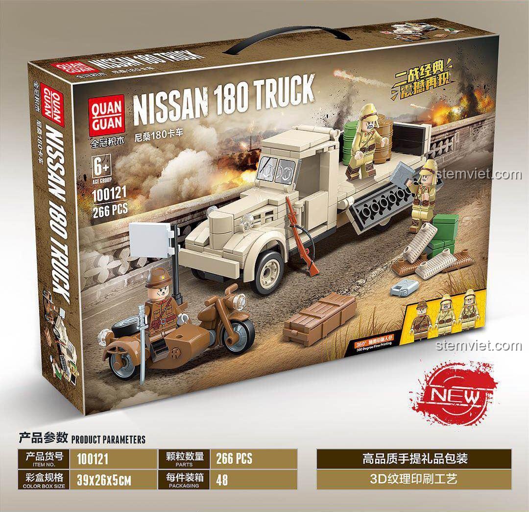Hộp đồ chơi lắp ráp QUANGUAN 100121 Xe Tải Nissan 180, hiển thị thông số sản phẩm 266 mảnh, chất lượng cao cho bé trai.