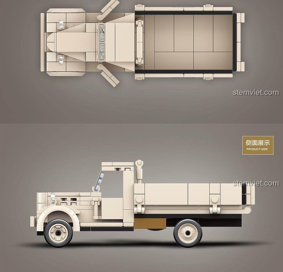 Góc nhìn từ trên xuống và từ cạnh bên của bộ lắp ghép Xe Tải Nissan 180 QUANGUAN 100121, giúp hình dung rõ hơn cấu trúc mô hình.