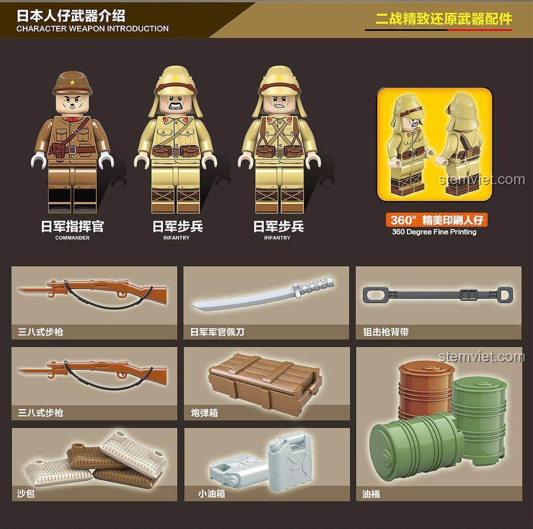 Vũ khí và trang bị đi kèm minifigures trong bộ đồ chơi lắp ráp QUANGUAN 100121 Xe Tải Quân Sự, tăng cường trải nghiệm chơi cho bé trai.