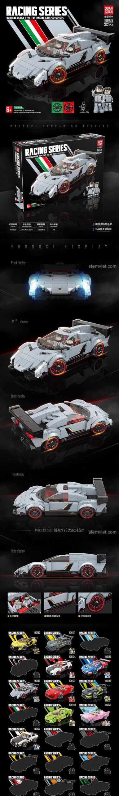 Mô hình Lamborghini Veneno QUANGUAN 100136, đồ chơi mô hình xe đua tỉ lệ 1:24, kích thước 18.4x7.2x4.5cm, phù hợp bé trai 6 tuổi.
