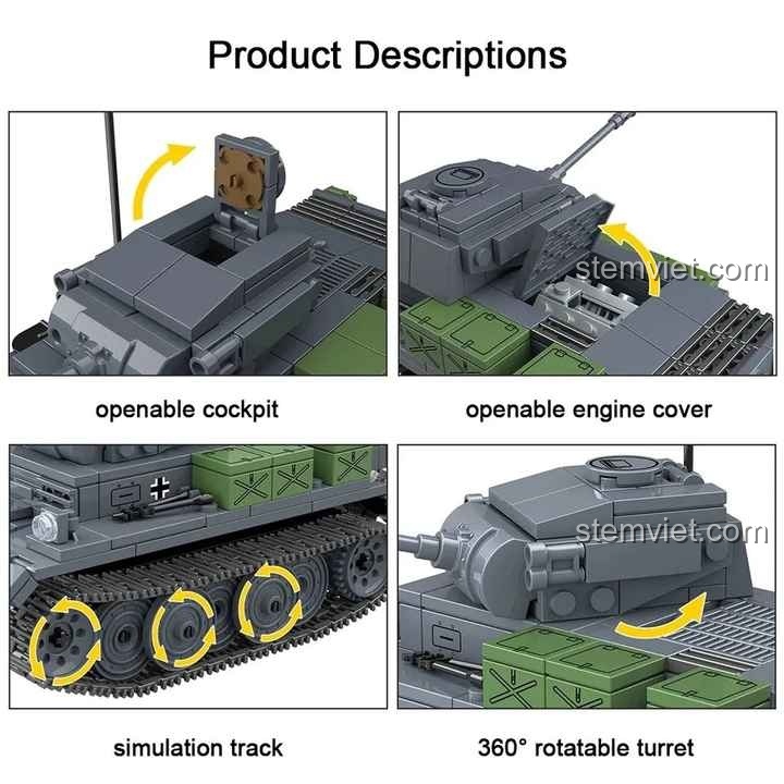 Đồ chơi mô hình QUANGUAN 100236 Xe Tăng Matilda MK.II thể hiện các tính năng tháp pháo xoay 360 độ, cửa buồng lái và nắp động cơ mở được, xích xe mô phỏng, giúp bé trai 6 tuổi phát triển kỹ năng.