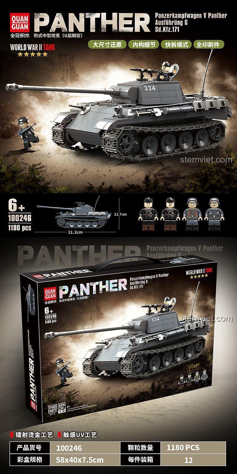 Hộp bộ xếp hình Mô Hình Xe Tăng Quân Sự QUANGUAN 100246, đồ chơi lắp ráp xe tăng Đức, phù hợp bé trai 6 tuổi