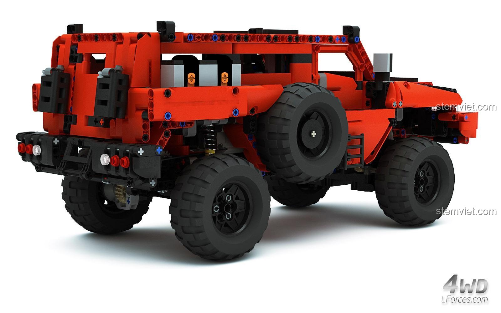 Góc nhìn từ phía sau của bộ xếp hình Rebrickable MOC-4731, lộ rõ hệ thống treo và lốp dự phòng. Đồ chơi kỹ thuật cao cấp.