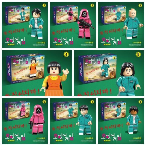 Toàn cảnh bộ 8 minifigure Renzaima 101 chủ đề Trò Chơi Con Mực, bao gồm các nhân vật chính và lính gác, phù hợp cho bé trai trên 6 tuổi.