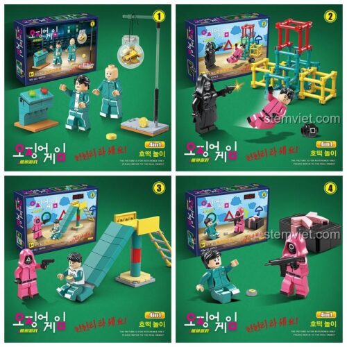 Hình ảnh 4 hộp của set đồ chơi Renzaima 102, mỗi hộp tái hiện một cảnh khác nhau trong phim Squid Game, một lựa chọn giá tốt cho fan.