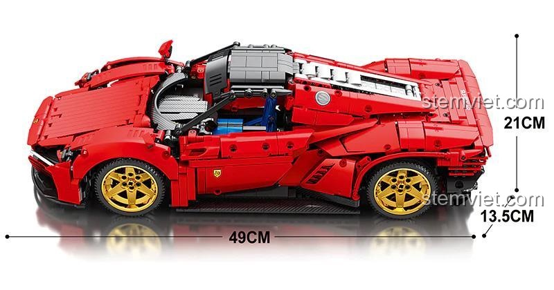 Kích thước mô hình Reobrix 11025 Ferrari Daytona SP3 dài 49cm, rộng 13.5cm, cao 21cm, chi tiết cao cấp cho người đam mê.