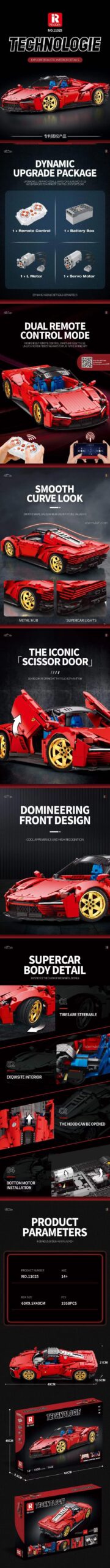Các tính năng nổi bật của đồ chơi mô hình Reobrix 11025 Ferrari Daytona SP3: điều khiển từ xa, cửa cắt kéo, nội thất tinh xảo.