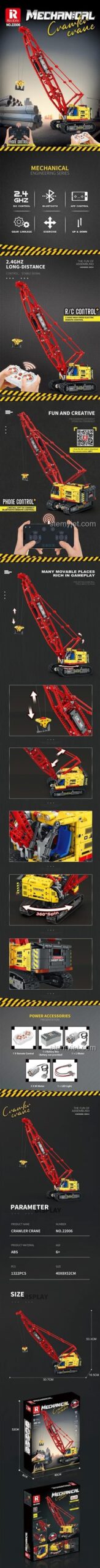 Thông tin chi tiết và các tính năng nổi bật của đồ chơi mô hình Cần cẩu hạng nặng 22006, bao gồm kích thước và khả năng điều khiển kép.