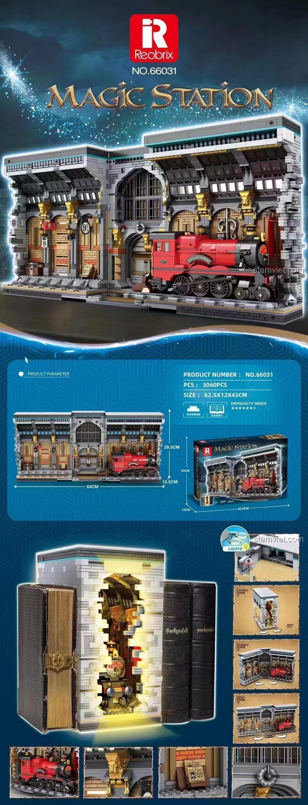 Hộp sản phẩm bộ xếp hình Reobrix 66031 Chặn sách Harry Potter, món quà ý nghĩa cho fan.