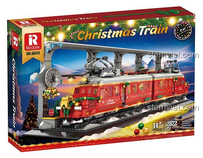 Mô hình bộ lắp ráp Tàu Hỏa Giáng Sinh Reobrix 66034 với thiết kế treo độc đáo, dành cho người chơi từ 14 tuổi.