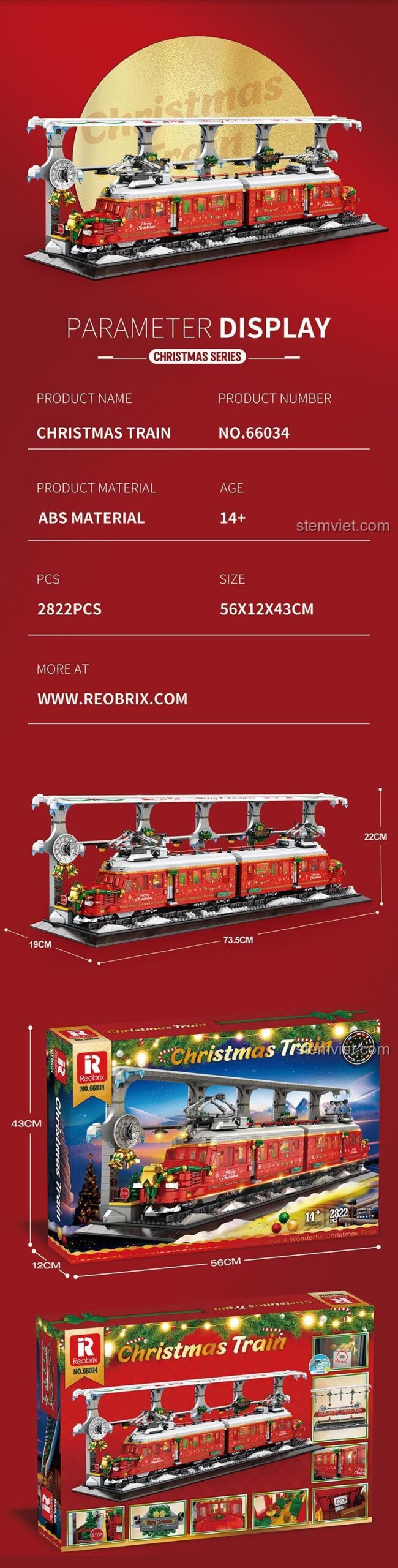 Thông số kích thước chi tiết của bộ xếp hình Reobrix 66034 và hộp đựng, mô hình dài 73.5cm.
