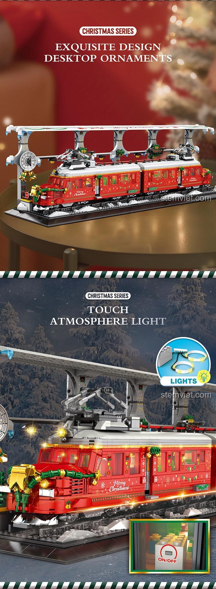 Tính năng đèn LED của bộ lắp ráp Tàu hỏa treo Reobrix, tạo không khí Giáng Sinh ấm cúng, giá tốt.
