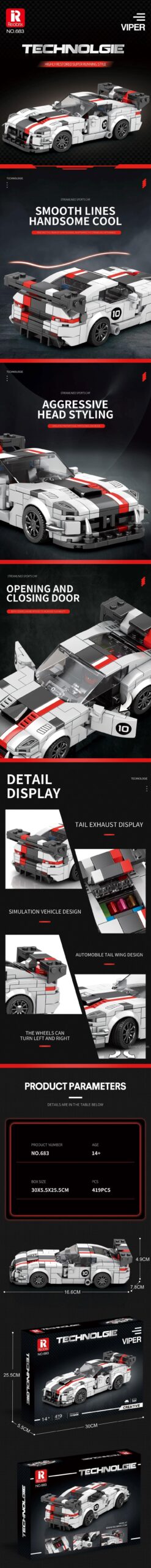 Poster quảng cáo bộ lắp ráp Reobrix 683 Dodge Viper, mô phỏng siêu xe chân thực.