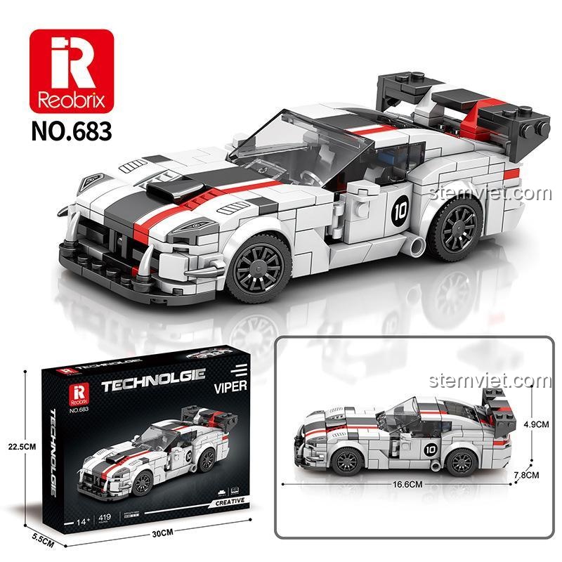 Kích thước bộ lắp ráp Xe đua Dodge Viper Reobrix 683, gồm 419 mảnh ghép, chất lượng cao.