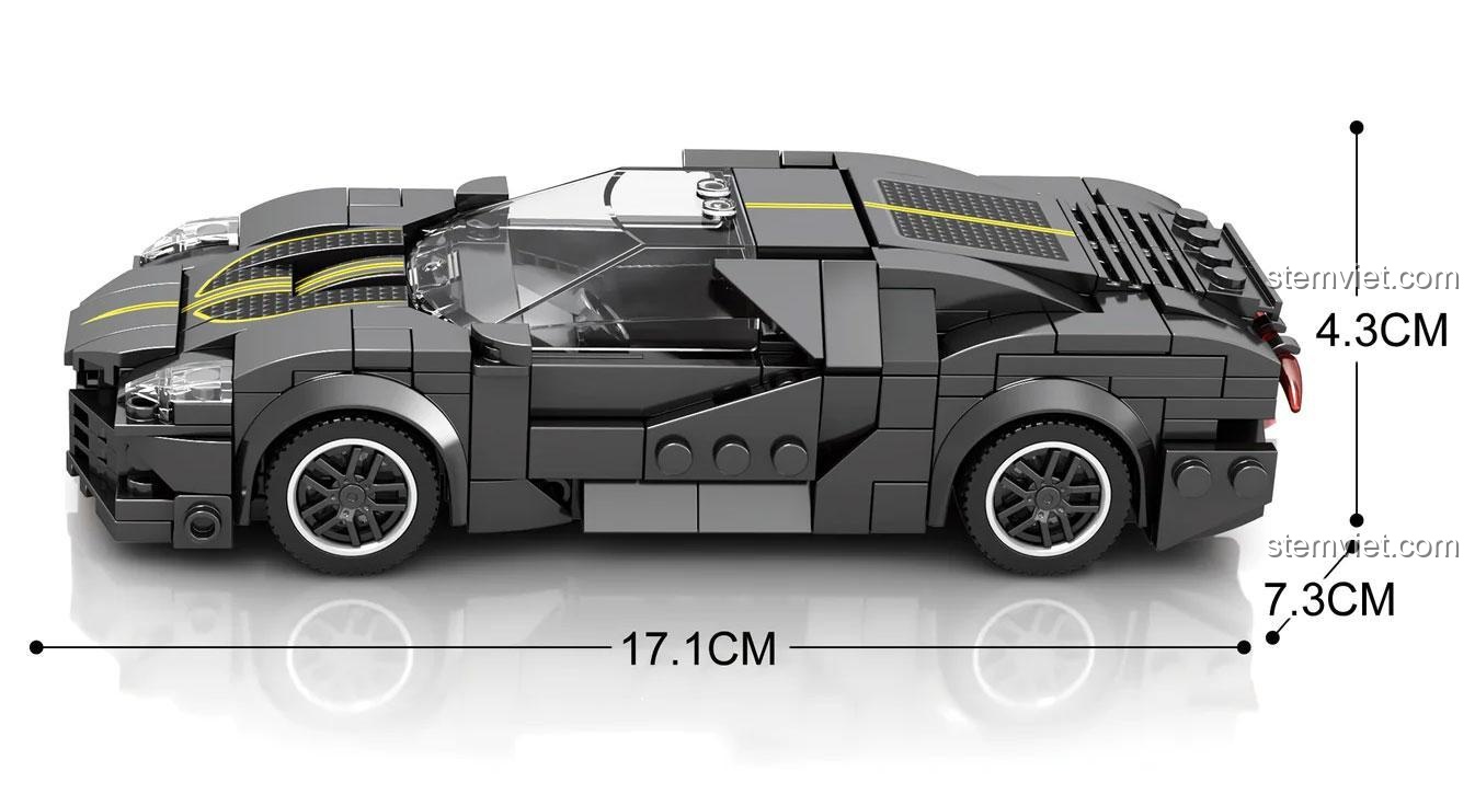Kích thước chi tiết của mô hình Hypercar Bugatti La Voiture Noire 685, dài 17.1cm.