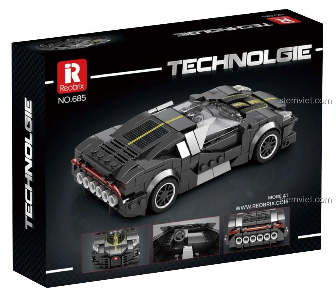 Mặt sau hộp đồ chơi mô hình Reobrix 685, thể hiện chi tiết siêu xe Bugatti La Voiture Noire.