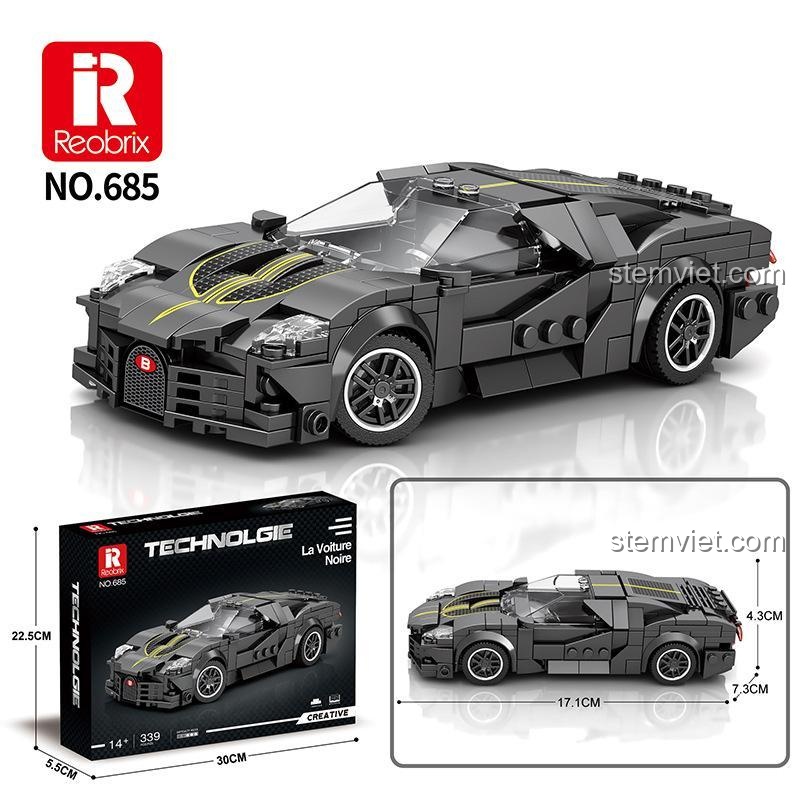 Kích thước hộp và mô hình đồ chơi xếp hình Reobrix 685 Bugatti La Voiture Noire, món quà độc đáo cho thanh niên.