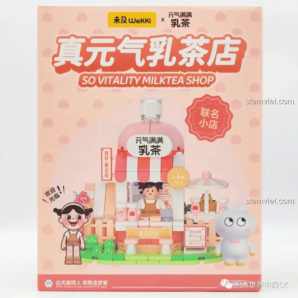 Hộp đồ chơi lắp ráp Cửa hàng trà sữa So Vitality Wekki 506050 màu hồng pastel dễ thương, hình ảnh cửa hàng và nhân vật.