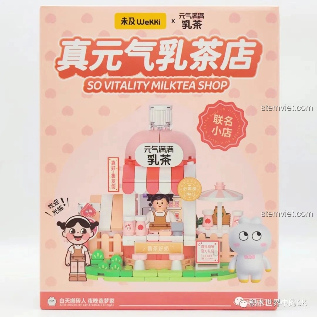 Hộp đồ chơi lắp ráp Cửa hàng trà sữa So Vitality Wekki 506050 màu hồng pastel dễ thương, hình ảnh cửa hàng và nhân vật.